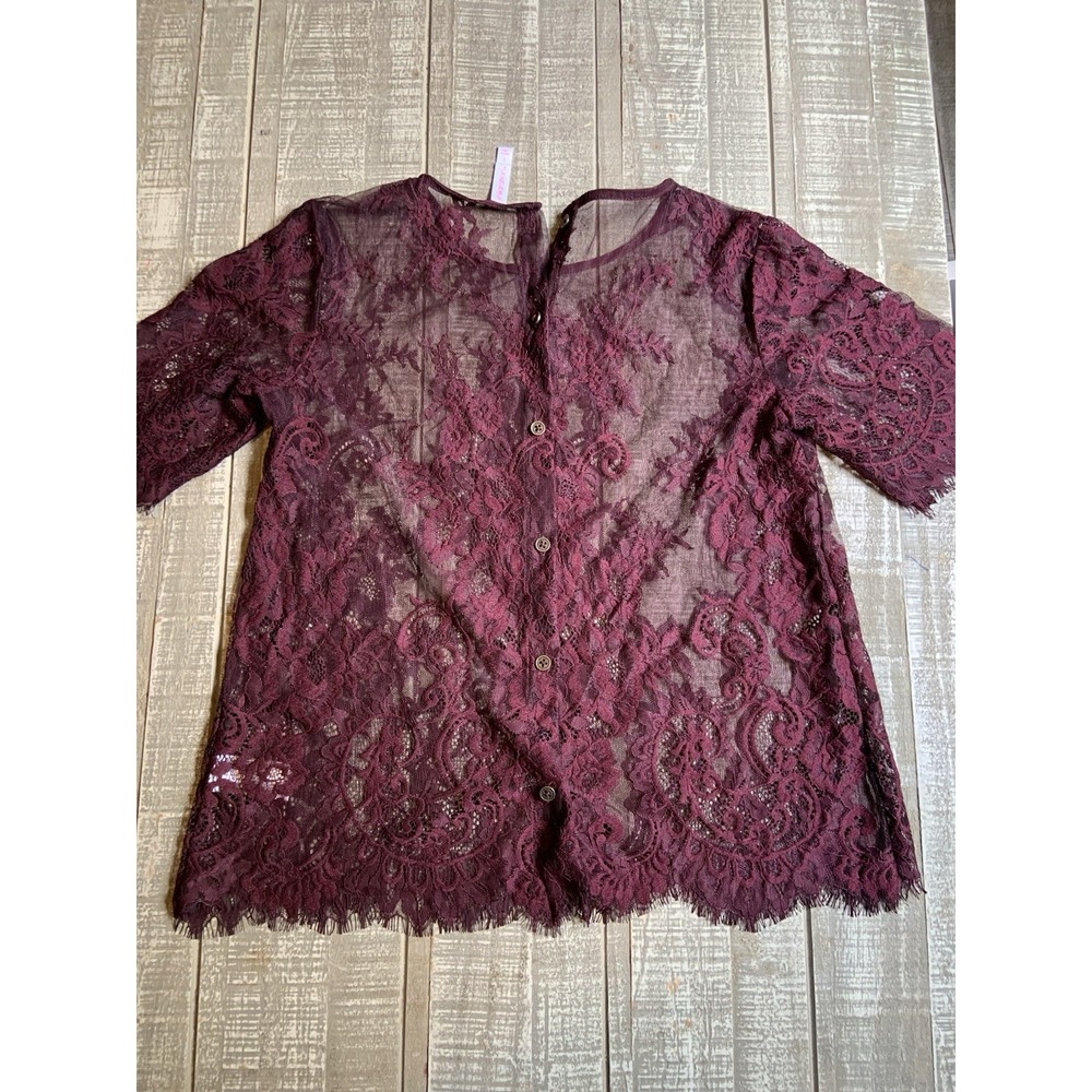 Xhilaration Floral Lace Button Blouse Sz Small Burgundy Shirt Sleeve Fringes